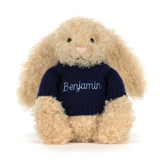 Bashful Luxe Bunny Curly with Personalized Navy Jumper