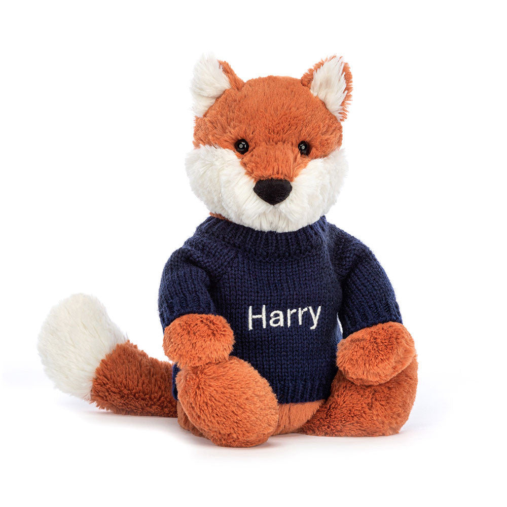 Bashful Fox Cub with Personalized Navy Jumper