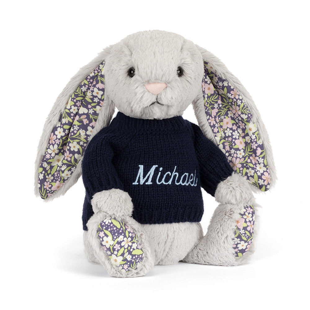 Blossom Silver Bunny 'Bloom' with Personalized Navy Jumper
