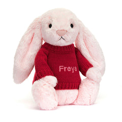Bashful Pink Bunny with Personalized Red Jumper